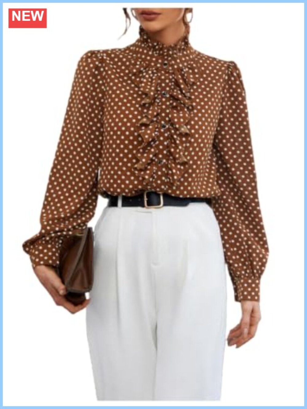 Satin Polka Dot Long Sleeve Ruffle Button Down Blouse